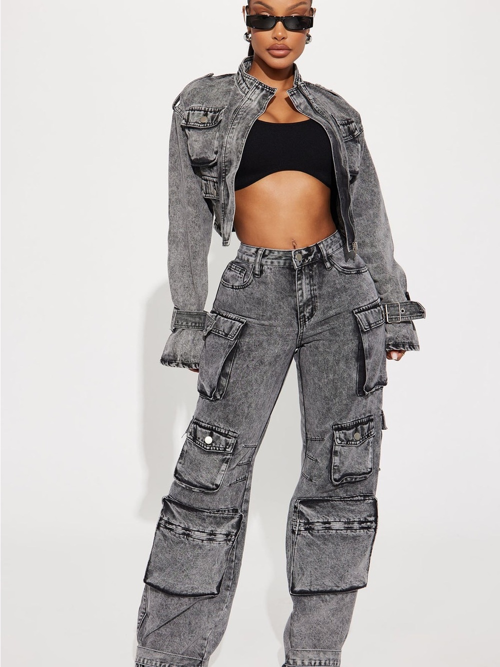 Fashion Nova Gray/ Black Washed Cargo Pants